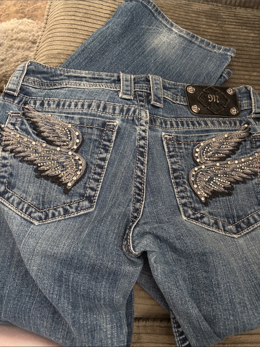 Miss Me Blue Boot Cut Jeans with Wing Embroidery and Rhinestones